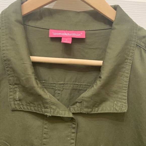 Woman Within Size 1X 💯 Cotton Army Green Fatigue Jacket  Adjustable Tie Waist - Picture 3 of 9